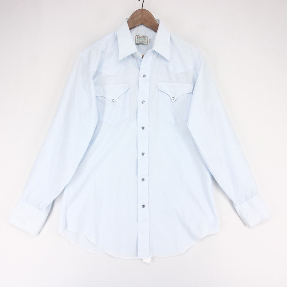 Vintage H Bar C Shirt Mens 16 34 Light Blue Geometric Pearl Snap Western USA